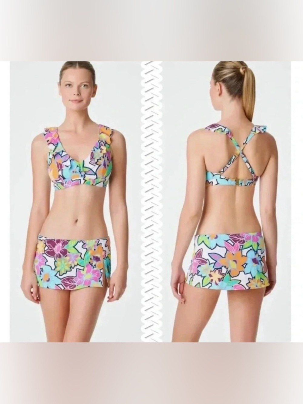 Bleu Rod Beattie Color Crush Ruffled D Cup Bikini Top 36D & Skirted Bottom Sz 12